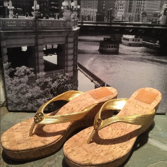 Tory Burch Shoes - Tory Burch Suzy Snake Print Gold Wedge Sandal